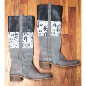 womens tall boots Asian print Equestrian Riding boots gray taupe suede leather